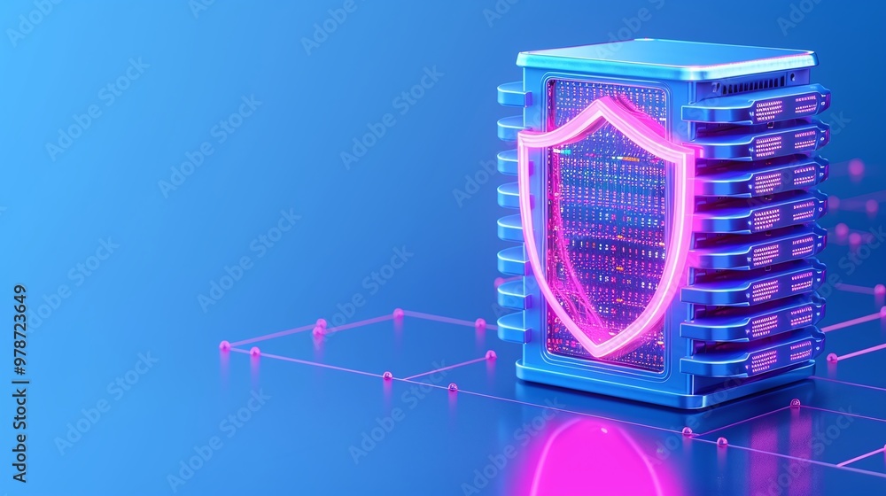 Poster futuristic data server with a glowing shield symbolizing cybersecurity and protection in a digital e