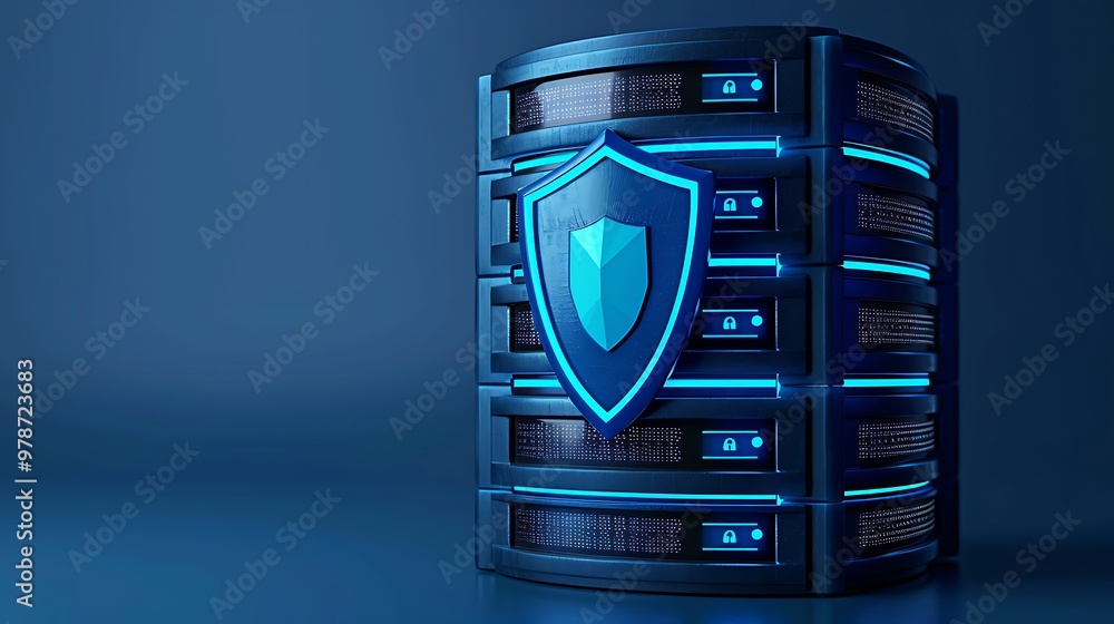 Poster futuristic data server with a protection shield, representing cybersecurity and secure data storage 