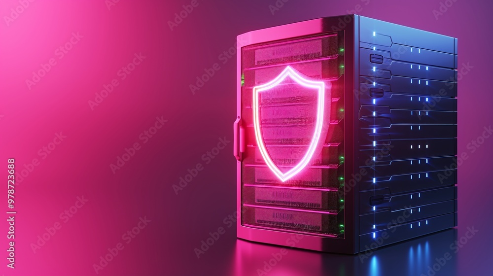 Poster futuristic data server with a neon shield symbol, representing cybersecurity and data protection in 