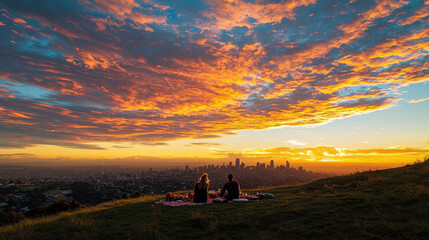 Naklejka premium Romantic sunset picnic on a hilltop overlooking a vibrant city skyline with colorful clouds and warm lighting