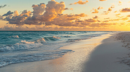 Obraz premium Serene beach at sunset with gentle waves lapping against the shore, colorful clouds reflecting on the water's surface