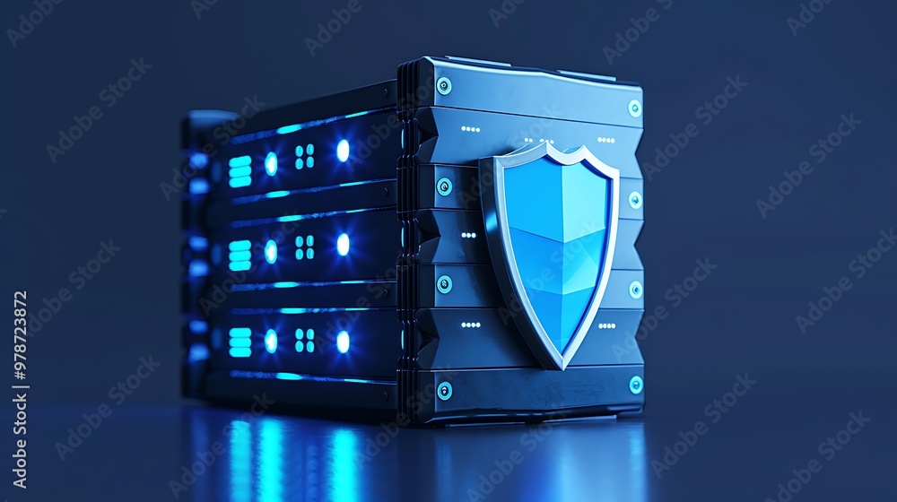 Poster futuristic data server with a shield symbol representing cybersecurity and data protection in a blue