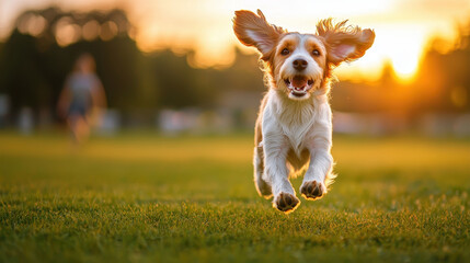 Playful dog running joyfully in a sunlit park, with an out-of-focus person in the background at sunset