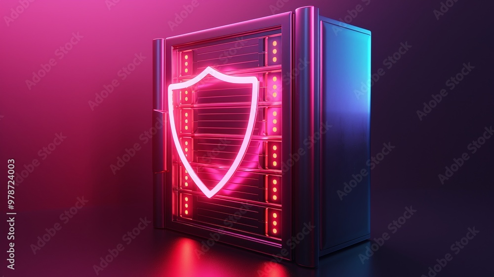 Poster futuristic data server with glowing shield icon, symbolizing cybersecurity and data protection in a 