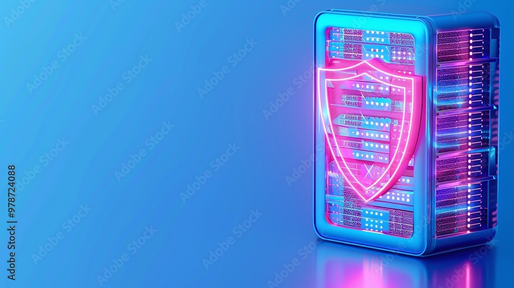 Poster futuristic data server with glowing shield symbol, representing advanced cybersecurity technology an