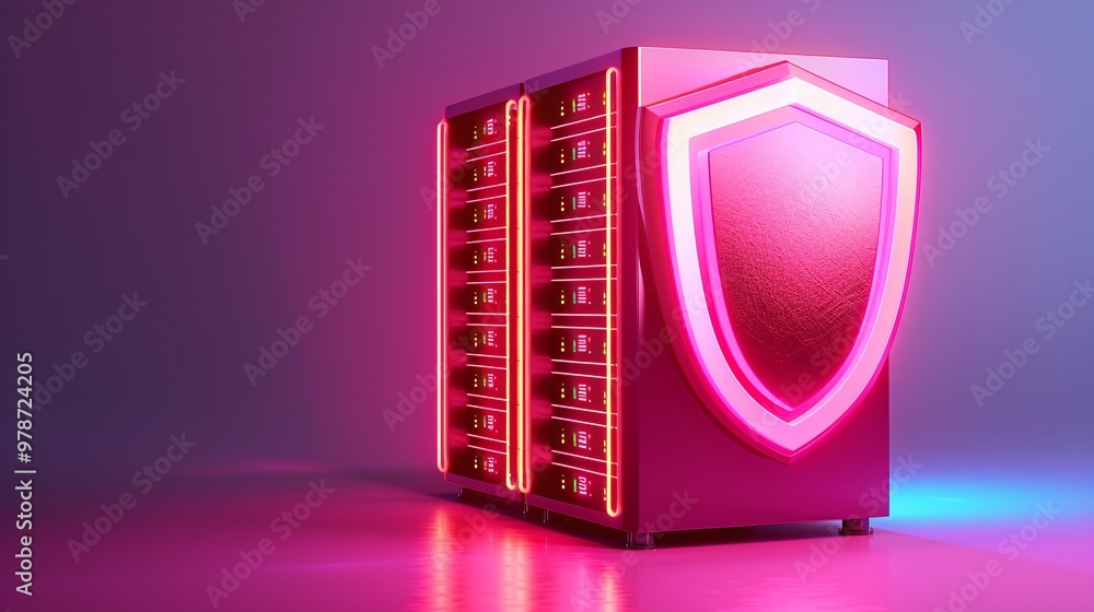 Poster futuristic data server with neon lights and shield, symbolizing cybersecurity and data protection in