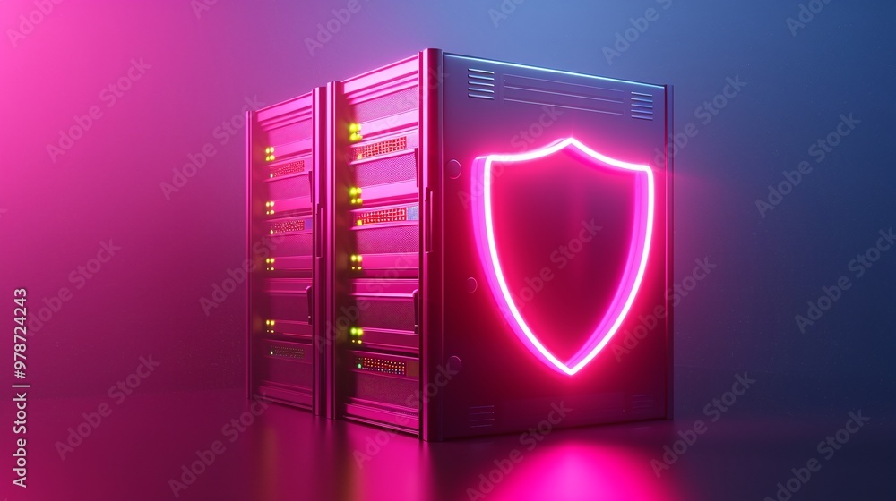 Poster futuristic data server with neon shield, symbolizing cybersecurity and data protection in a digital 