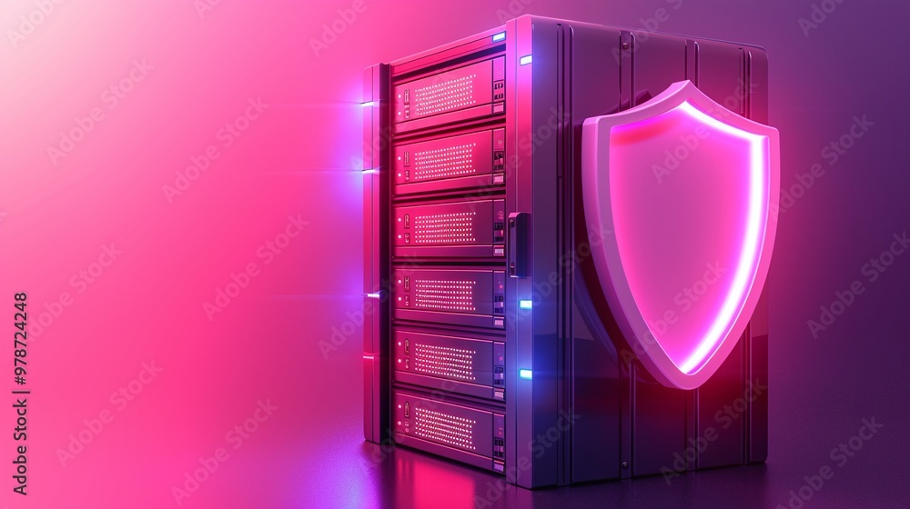 Poster futuristic data server with neon shield, representing cybersecurity and data protection in a vibrant