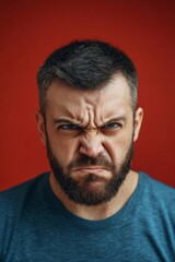 Fototapeta premium Man displays a fierce and intense expression of anger on red backdrop
