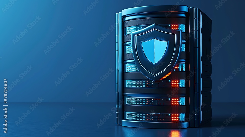 Poster futuristic data server with security shield, illuminated by blue and red lights, symbolizing cyberse