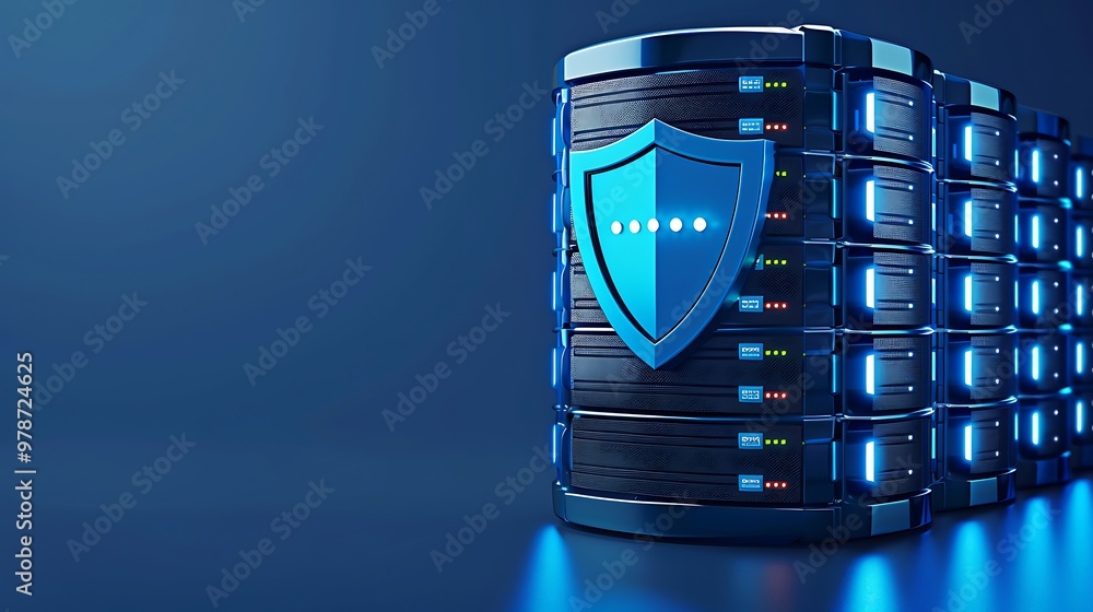 Poster futuristic data server with security shield, showcasing advanced technology and data protection in a