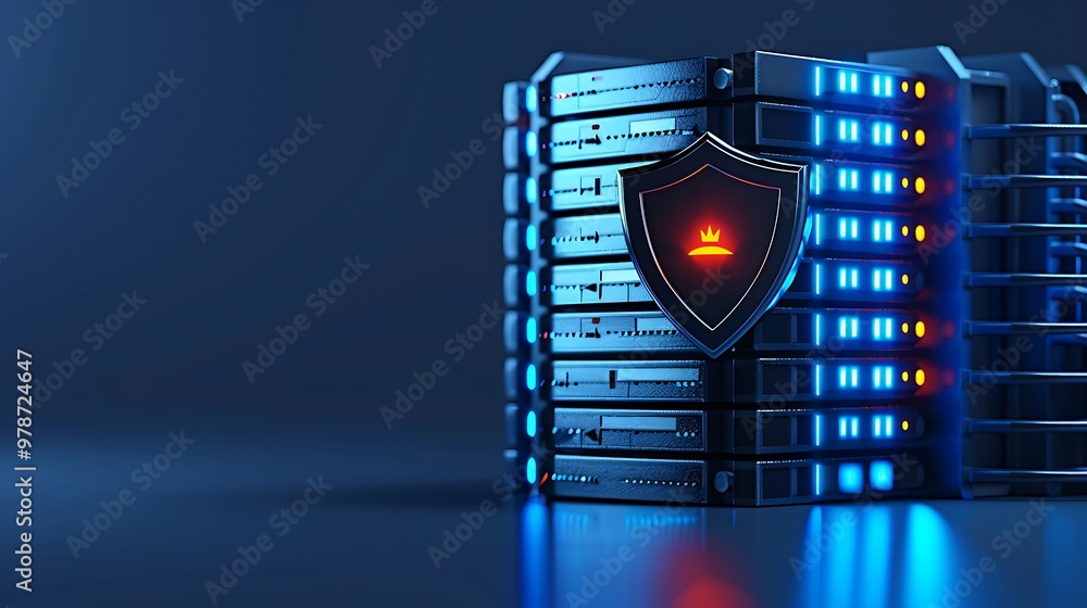 Poster futuristic data server with security shield, illuminated in blue and orange lights, conveying data p