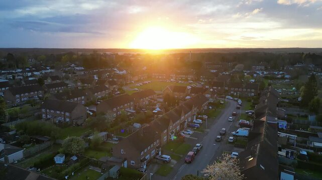 Aerial View of Central City of Harefield, Uxbridge, London United Kingdom. Footage Captured with Drone's Camera During Beautiful Sunset Time on April 3rd, 2024