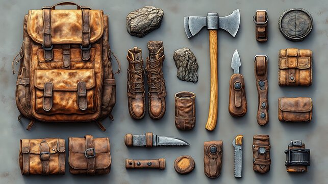 A collection of leather goods and tools arranged on a grey background.
