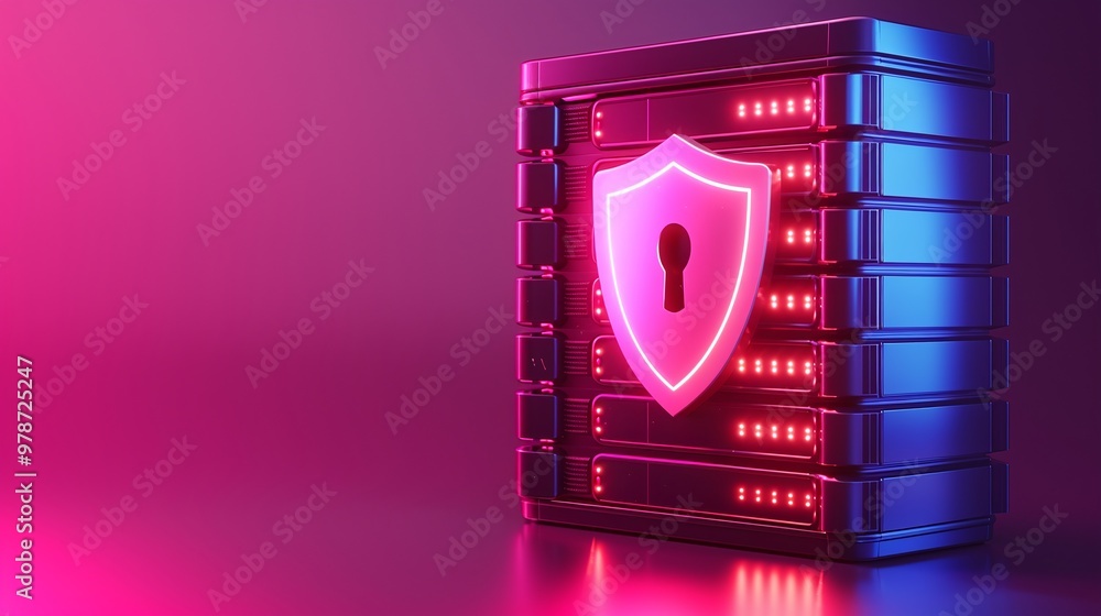 Poster futuristic data storage device with lock symbol in vibrant neon colors, symbolizing security and pro