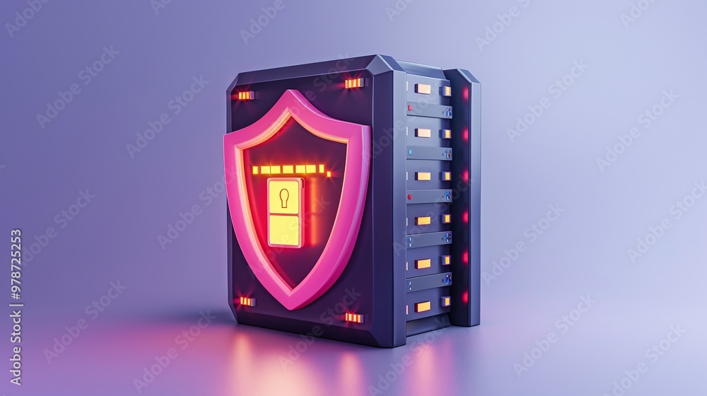 Poster futuristic data storage device with a shield emblem, illuminated in neon colors, symbolizing digital