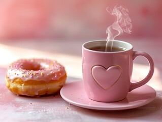 A cozy pink coffee cup with a heart design beside a sweet glazed donut, creating a warm and inviting breakfast scene.