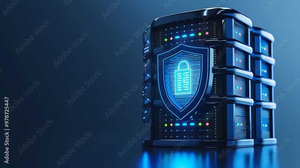 Poster futuristic data storage unit with a digital shield, symbolizing cybersecurity and data protection te