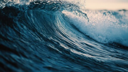 Powerful ocean wave in closeup, with the surface of the water catching the light and the spray adding a dynamic effect