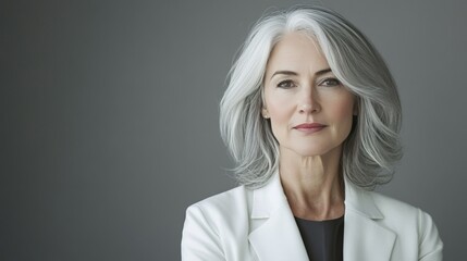 Fototapeta premium A woman in her late fifties or early sixties with gray hair wears a white jacket and poses against a gray background.
