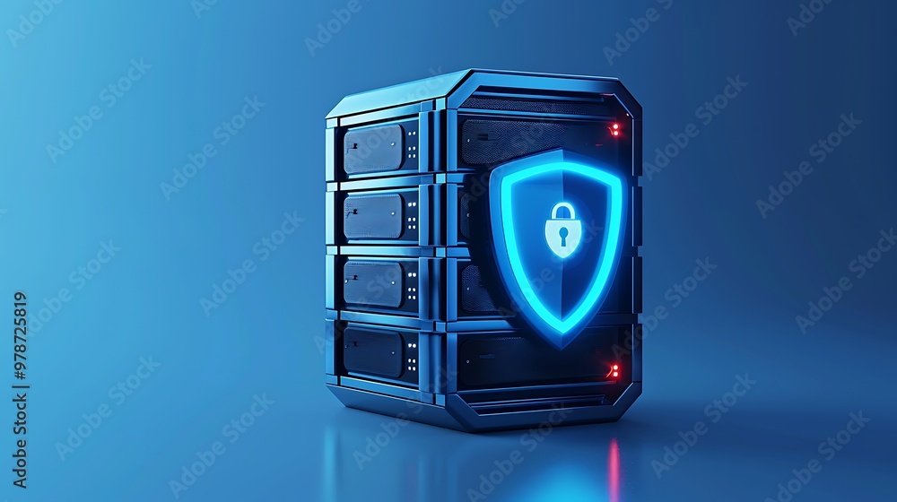 Poster futuristic data storage with a glowing shield symbolizing cybersecurity and protection against data 