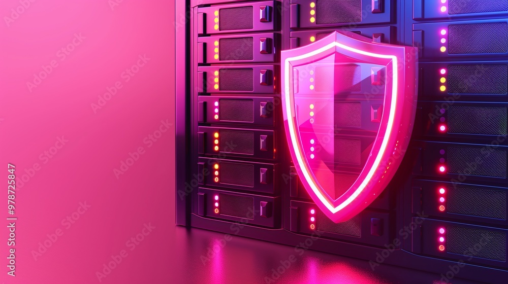 Poster futuristic data storage with a glowing shield symbolizing security and protection in a digital envir