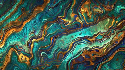 Vibrant swirls of turquoise and gold create a captivating abstract landscape in deep hues