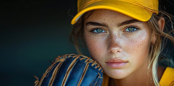 Intense female softball player in a bright yellow jersey ready for action, perfect for Halloween-themed sports events or Thanksgiving family activities with copy space. - Powered by Adobe
