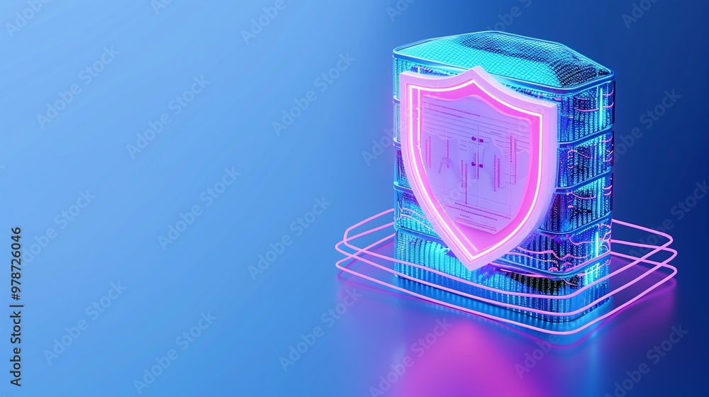 Poster futuristic data storage with neon shield, symbolizing cybersecurity and data protection in a digital
