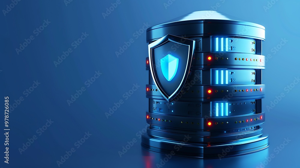 Poster futuristic database with shield symbolizing data security and protection in digital technology.