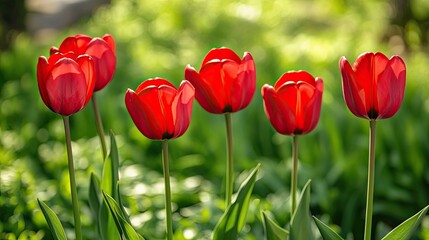 Fototapeta premium Red tulip flowers blooming in a garden, set against a vivid green backdrop, creating a fresh and colorful floral scene