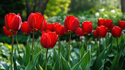 Fototapeta premium Red tulip flowers in a lush garden, with vibrant green leaves creating a stunning backdrop