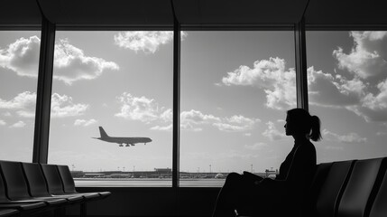A woman waits patiently in the airport lounge, her silhouette outlined against the window as she watches an aircraft soar into the sky, embarking on its journey.