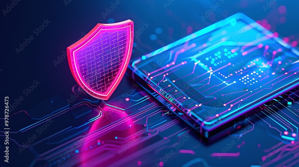 Poster futuristic digital security concept featuring a glowing shield and microchip on a vibrant circuit ba