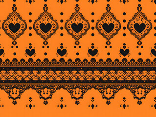 Ornate Heart and Lace Pattern on Halloween-themed orange and Black Background