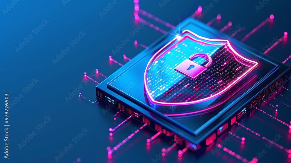 Aufkleber futuristic digital security concept showcasing a shield symbol on a microchip, representing protecti