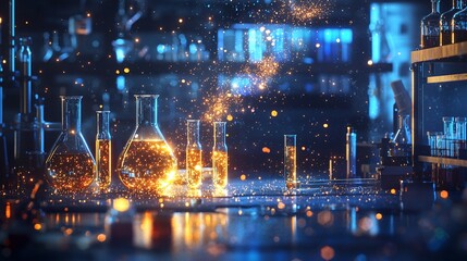 Glowing particles swirl in a shadowy lab, casting an enchanting light on glassware and instruments.