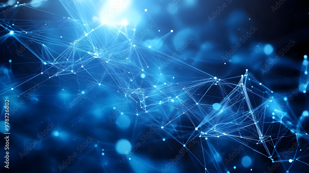 Poster abstract illustration featuring plexus blue geometrical shapes, representing connection and web conc