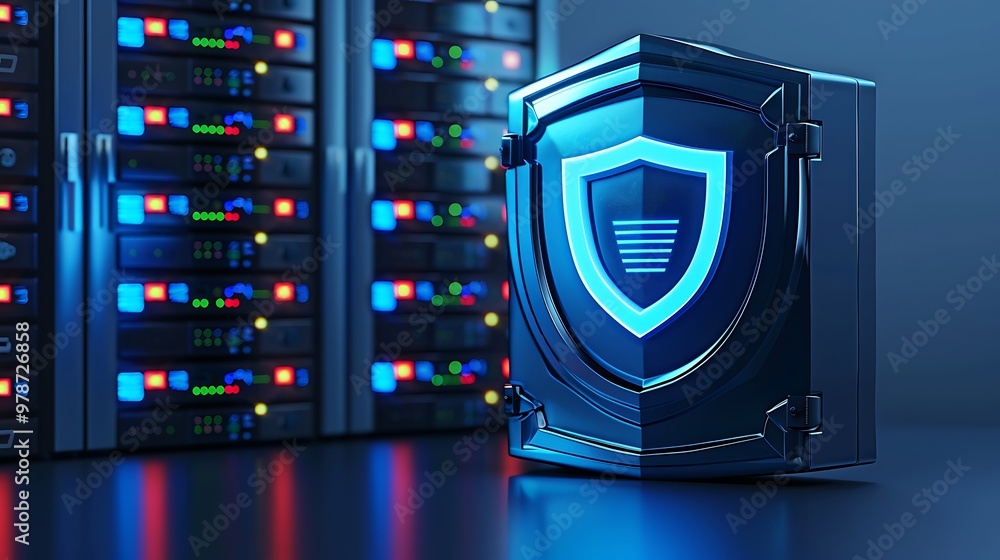 Poster futuristic digital security shield in a server room, representing data protection, technology, and c