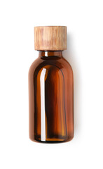 Essential oils in bottle isolated on white, top view