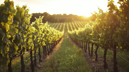 Sunlit vineyard rows with lush green grapevines stretching towards the horizon during a beautiful sunset