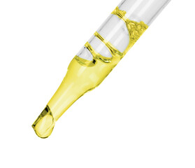 Fototapeta premium Dripping essential oil from pipette on white background