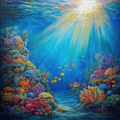 Naklejka premium Serene underwater scene with colorful coral reefs, schools of fish, and sunrays streaming through the clear ocean water