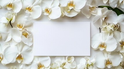 A blank white card surrounded by elegant white orchids, perfect for invitations or greeting cards.