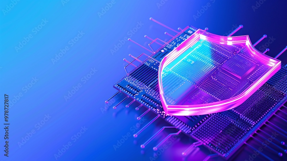 Poster futuristic digital shield concept on a circuit board, symbolizing cybersecurity and data protection 
