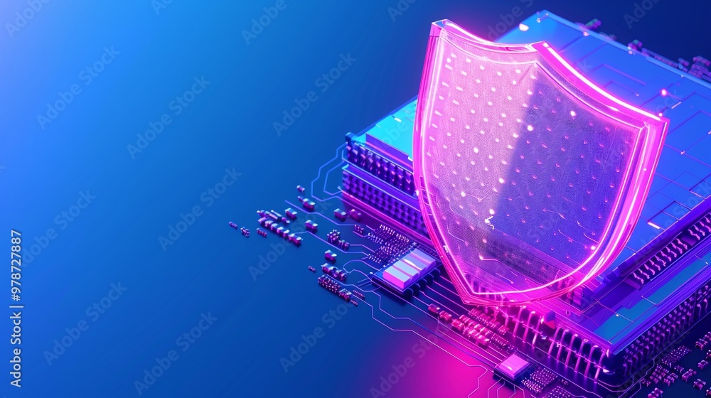 Poster futuristic digital shield concept with glowing circuit board, representing cybersecurity and data pr