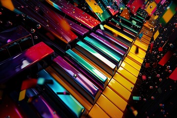 Vibrant artwork illustrates a rhythmic musical voyage through cascading colors of piano keys, transforming sound into a visual experience.