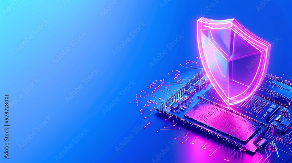 Poster futuristic digital shield icon glowing above a microchip, symbolizing data security and technology i