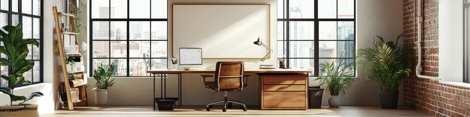 Fototapeta premium Contemporary home office in a loft with clean lines, large windows, and a blank space for ideas. Banner.