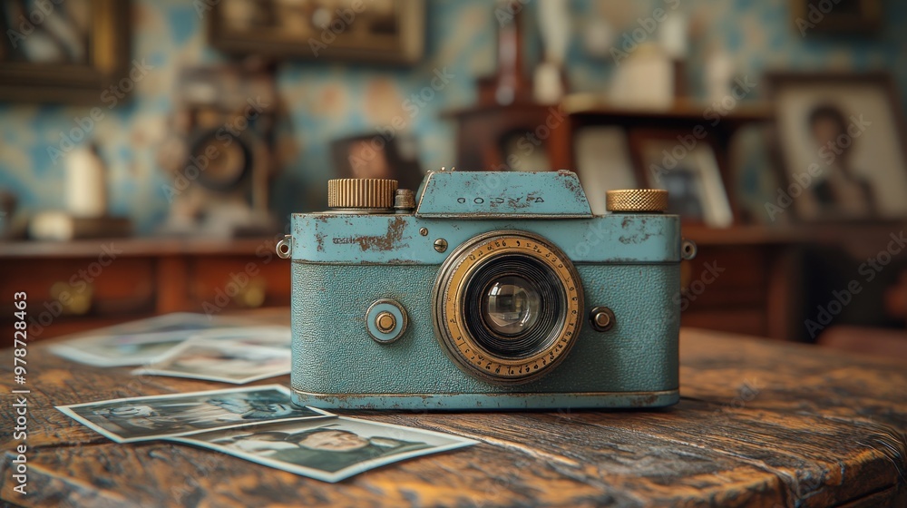 Poster vintage camera on a table with old photographs in a nostalgic setting.